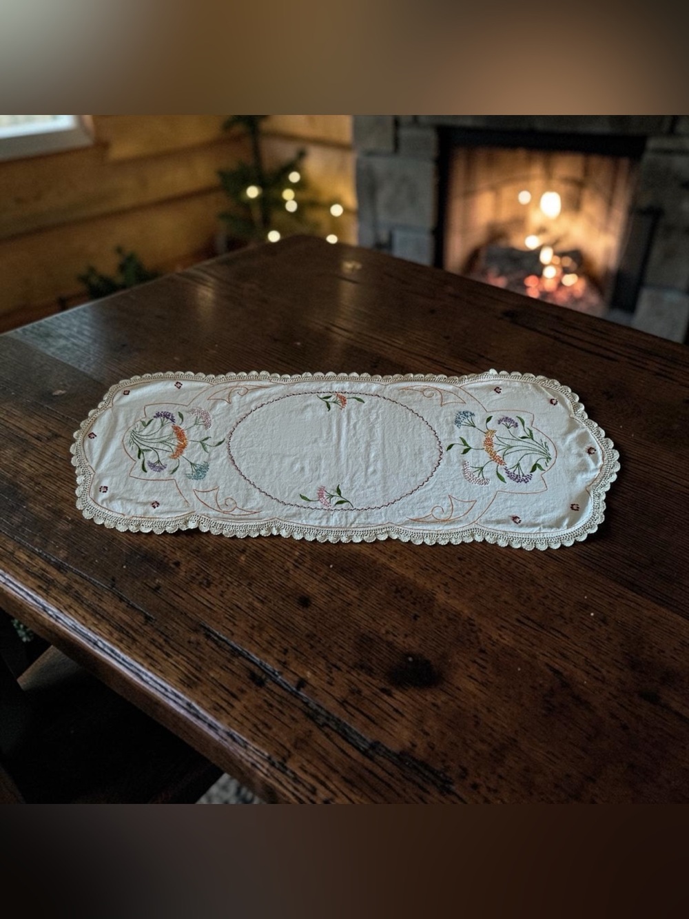 Vintage Hand Embroidered Floral Table Runner Dresser Scarf Lace Trim Flowers